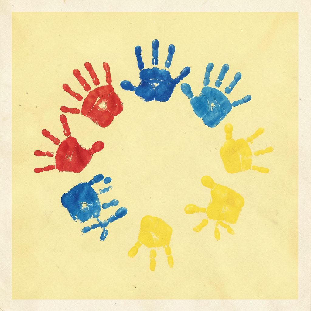 A matte gouache poster painting of a kindergarten circle-time scene with children's handprints in bright primary colors — red, blue, and yellow — arranged in a ring on textured paper.