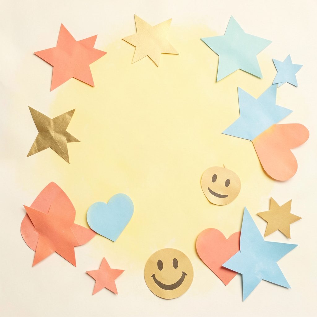 A matte gouache poster painting of paper cutouts shaped like stars, hearts, and smiley faces in warm coral, gold, and sky blue, scattered across a soft cream surface.